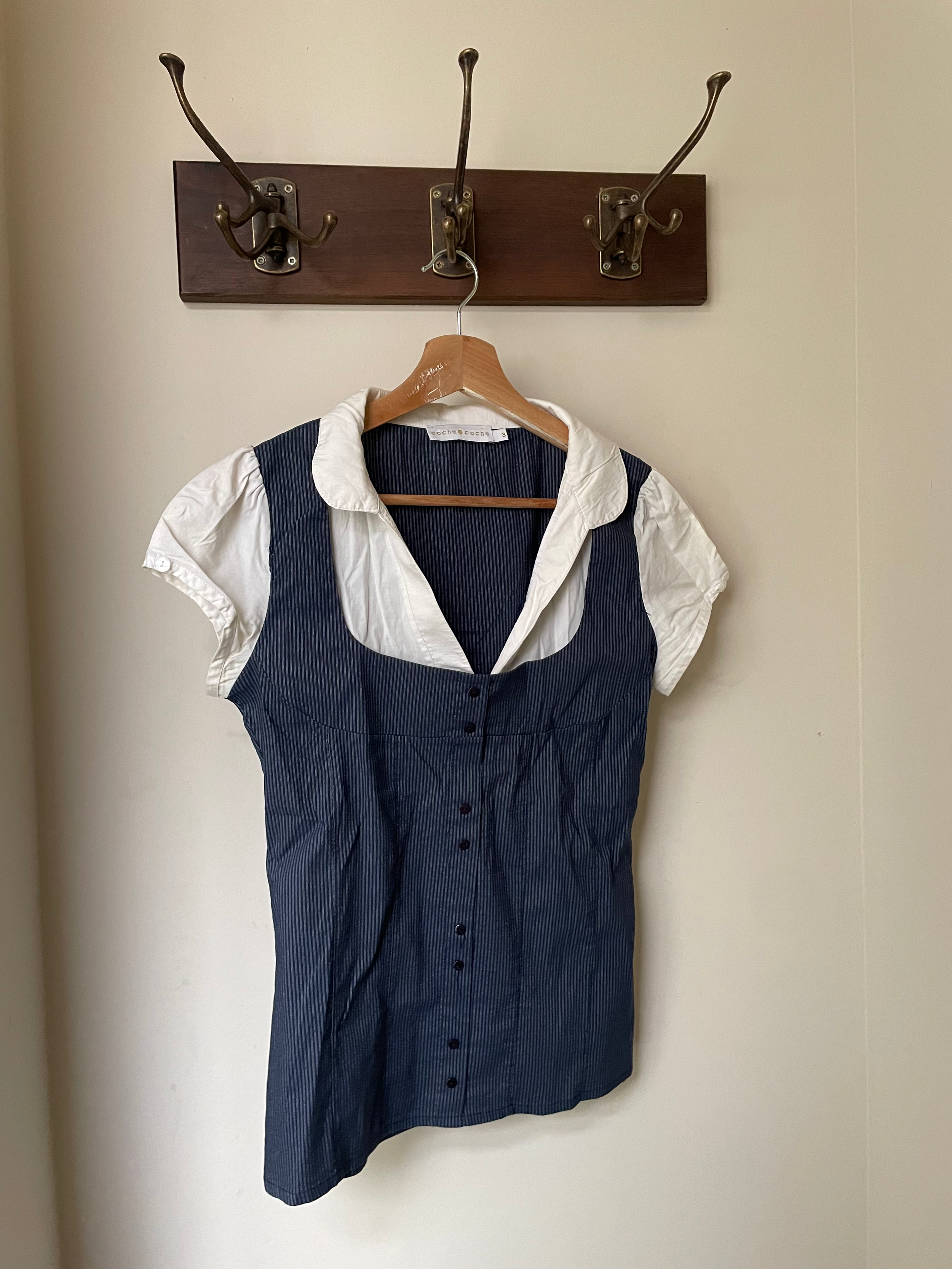 Vintage Pinstripe Button-Front Top with White Collar