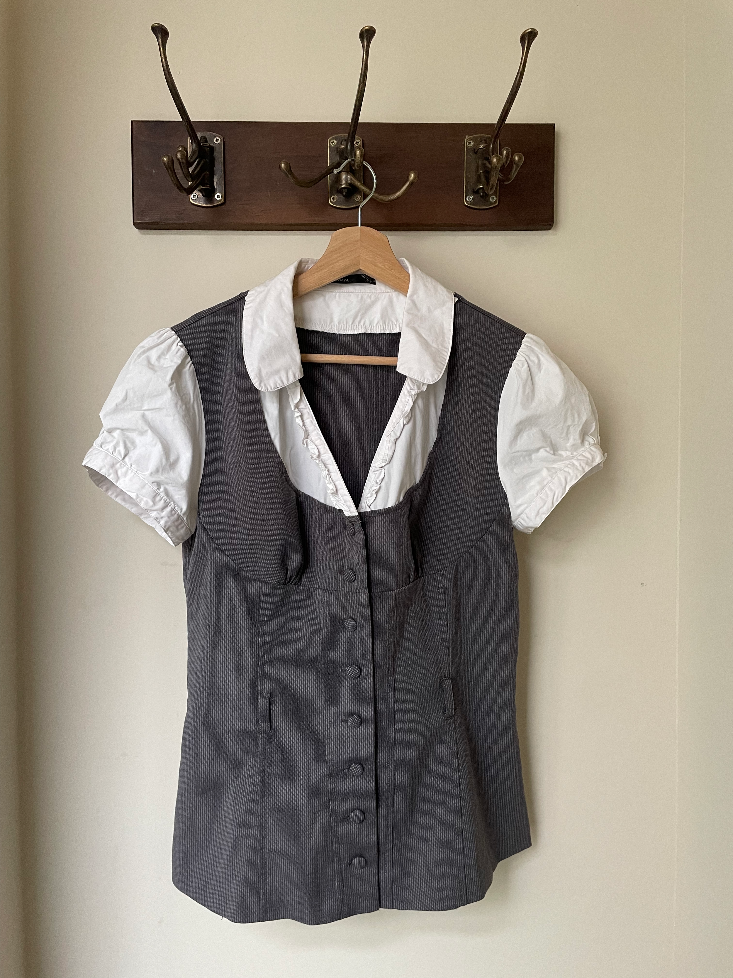 Vintage Pinstripe Vest Top with Puff Sleeves