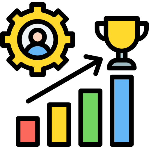 Illustration of a person inside a gear, with a bar graph showing increasing blue, green, yellow, and red bars, and a trophy at the top right corner.