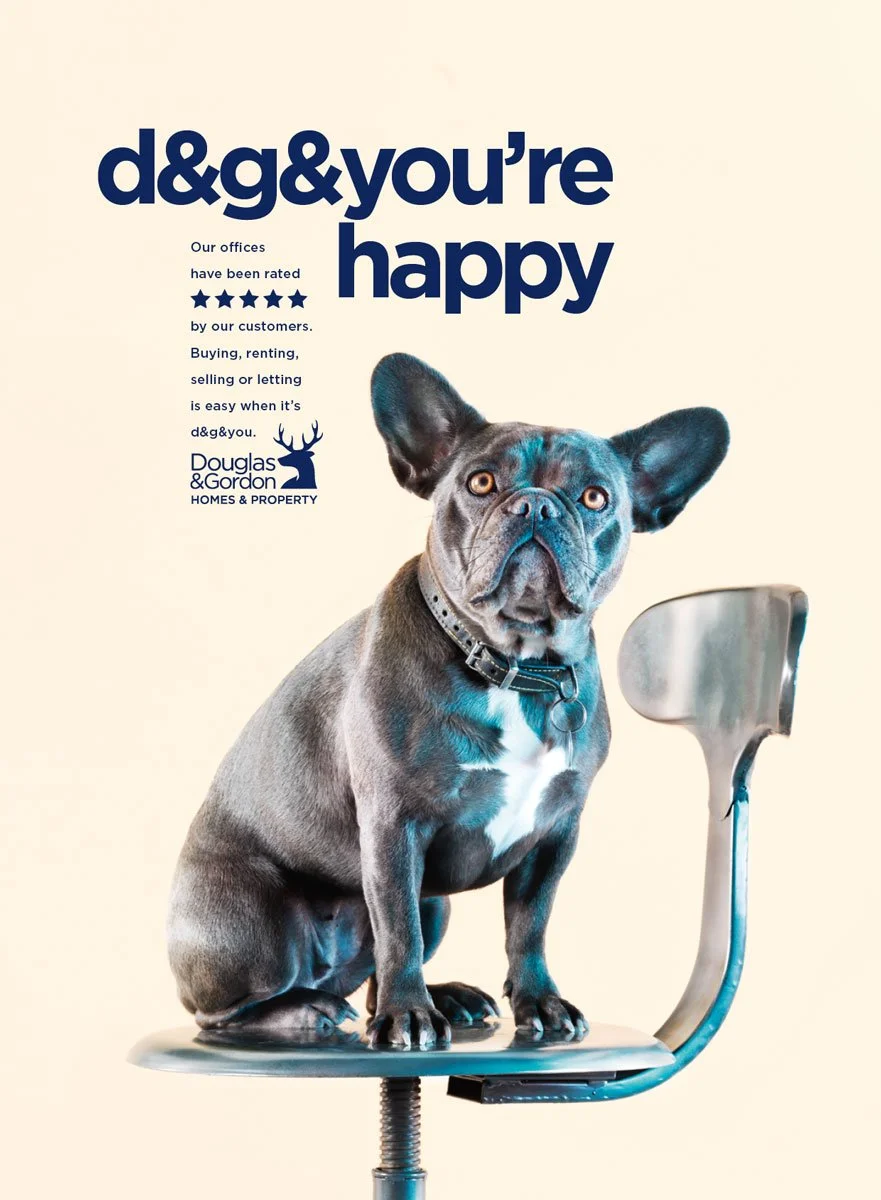 Une publicité avec un chien bouledogue français assis sur une chaise de bureau en métal, avec un fond clair, et du texte en haut à gauche qui dit 'd&g&you’re happy'.