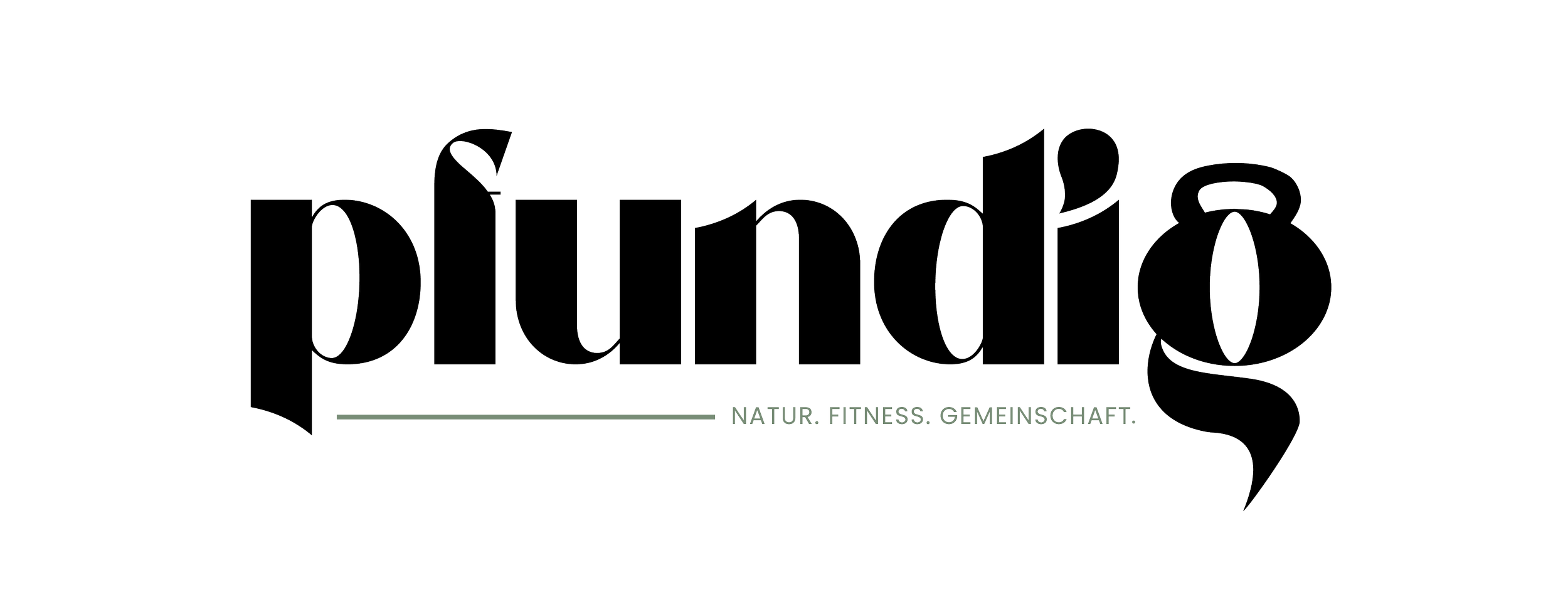 Der Schriftzug 'pfundig' mit dem Untertitel 'NATUR. FITNESS. GEMEINSCHAFT.' auf schwarzem Hintergrund.