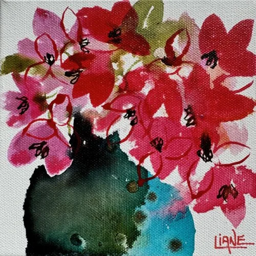 Watercolor painting of a bouquet of pink and red flowers in a green and blue vase, signed 'Liane' in the bottom right corner.
