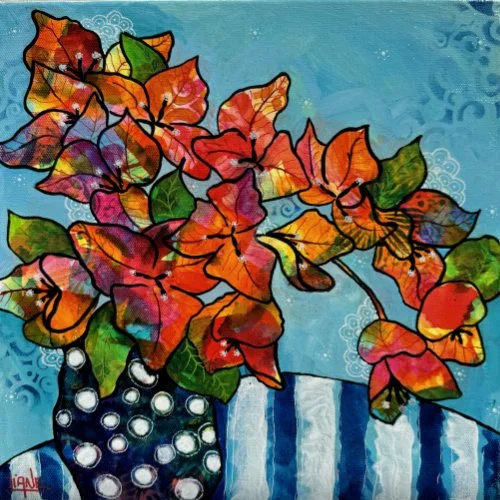 Colorful abstract painting of orange and red leaves in a black vase with white polka dots, against a blue background with decorative patterns.
