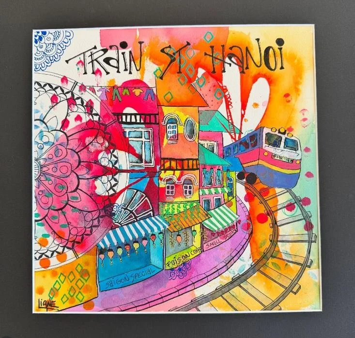 Ink and acrylic on paper depicting sketch of Hanoi train station in Vietnam, bright colours of red, pink, yellow and blue