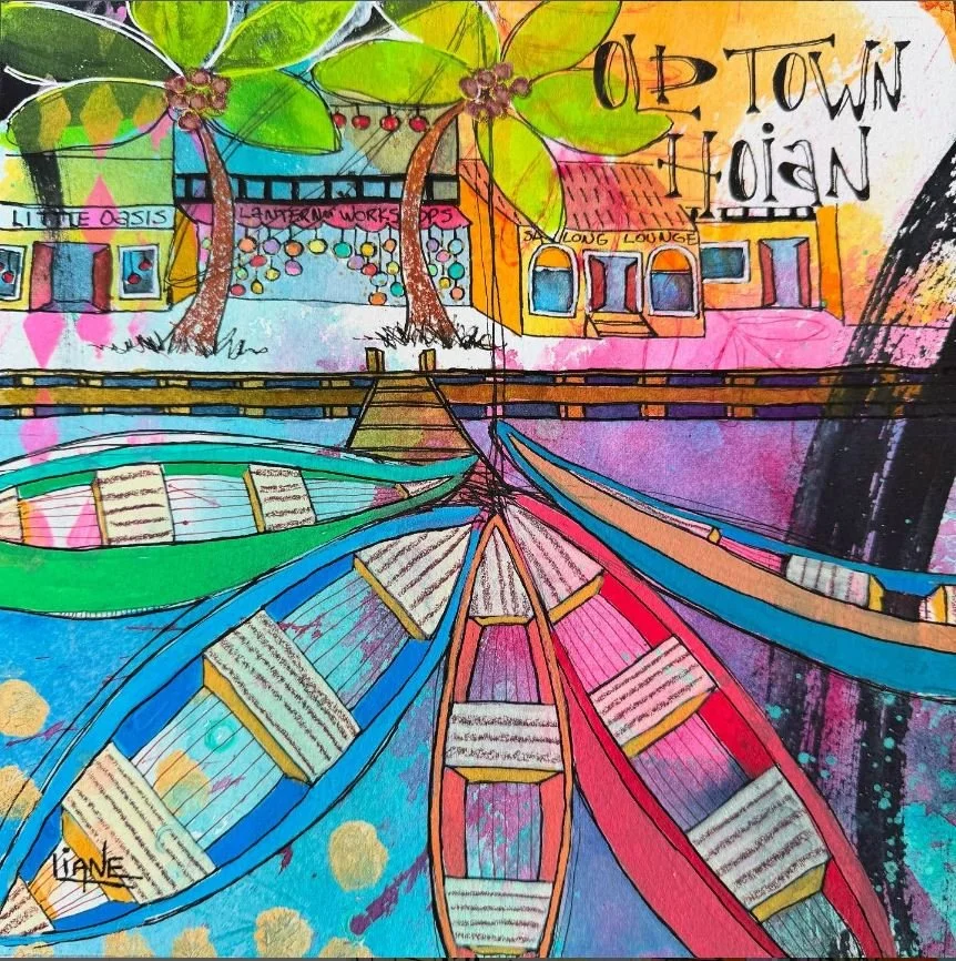 Colorful mixed media urban illustration of boats docked in a harbour with buildings and trees in the background, including signs for 'Old Town Hoian'