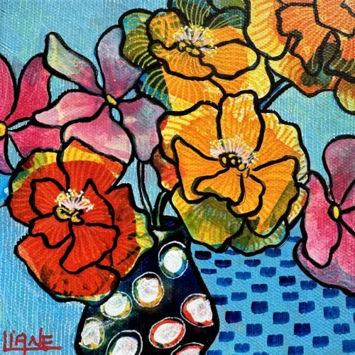 Colorful painting of flowers in a vase, with various shades of pink, orange, yellow, and purple, set against a blue background.