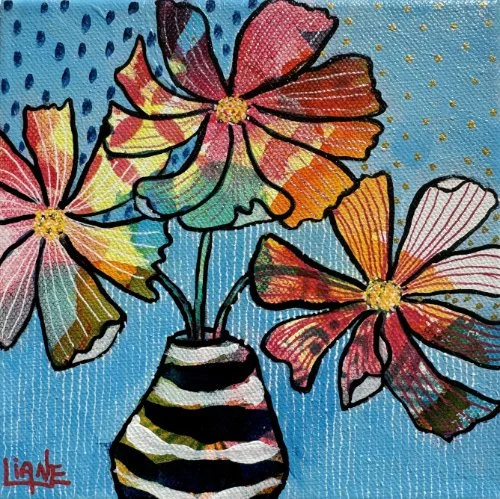 Painted illustration of three large, colorful flowers in a striped vase against a textured blue background with dotted pattern.