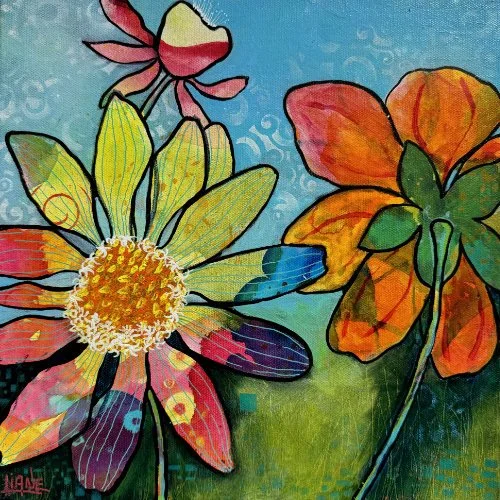 Colorful abstract painting of two large flowers, one with yellow petals and the other with orange petals, against a blue-green background.