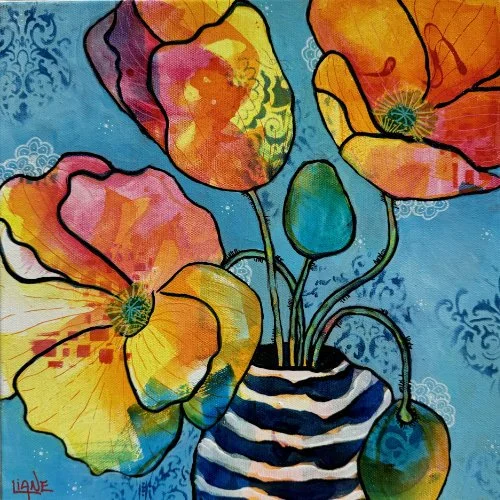 Colorful abstract painting of a striped black and white vase with large orange, pink, yellow, and green flowers against a blue background.
