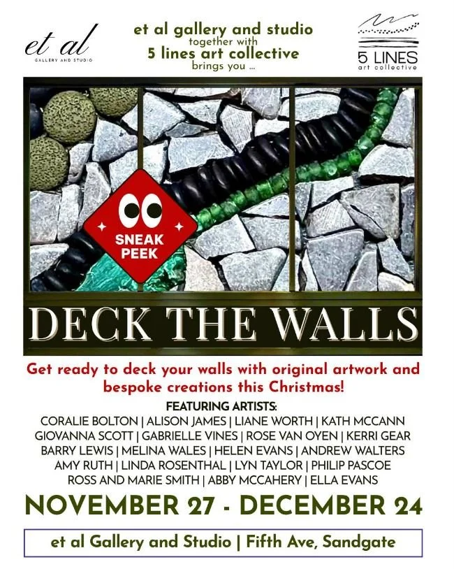 A promotional poster for an art exhibition titled 'Deck the Walls' at Et Al Gallery and Studio. The poster features a close-up of a wall decorated with various stones and beads, along with text announcing the event from November 27 to December 24.