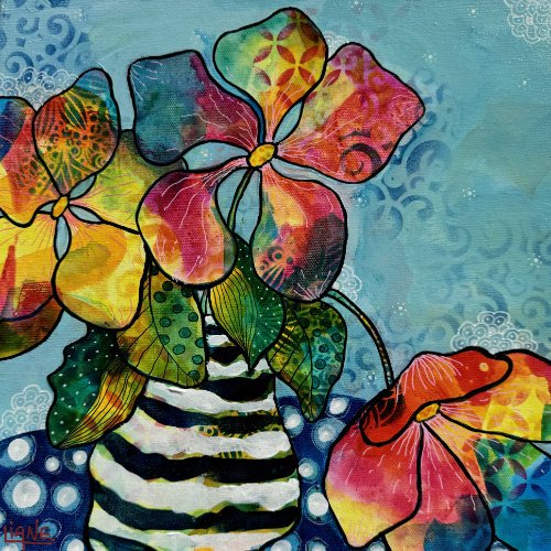 Colorful abstract painting of a potted plant with large, vibrant leaves and flowers against a blue background.