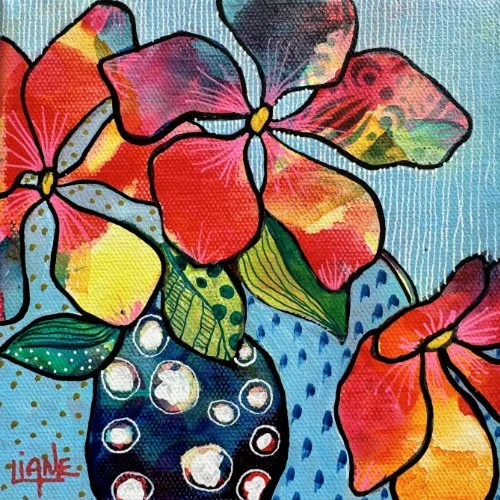 Colorful painting of flowers in a vase with vibrant hues and bold black outlines.