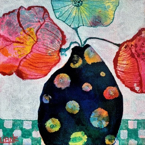Colorful watercolor painting of a black vase with multicolored circular patterns, surrounded by large flowers in shades of red, orange, yellow, and green.