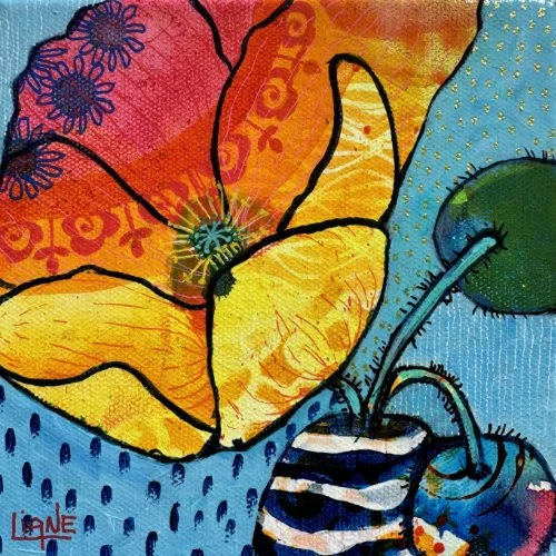 Colorful abstract painting of a stylized flower with large petals in orange and yellow, a green stem and leaf, and a blue background with dotted pattern.