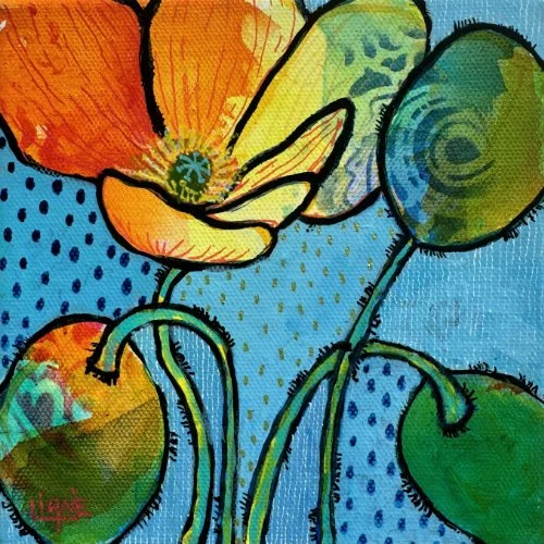 Colorful abstract painting of orange flowers with green stems and leaves on a blue dotted background.