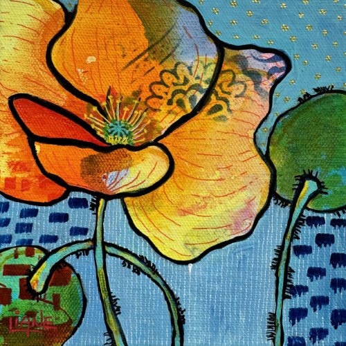 A colorful painting of a poppy flower with orange, yellow, and red petals, green seed pods, and a blue background with dotted and striped patterns.