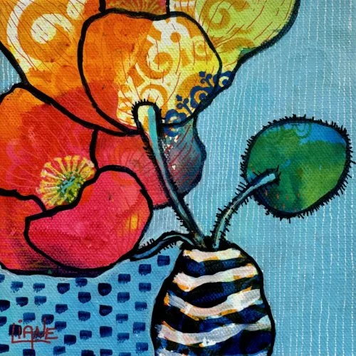 Colorful abstract painting of a vase with flowers, including a green flower, set against a blue background.
