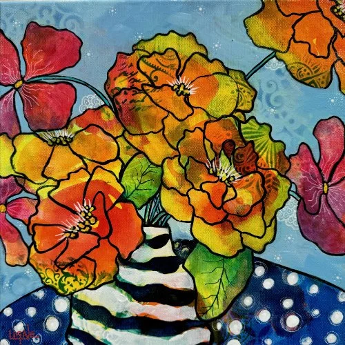 Colorful painting of an abstract flower arrangement with large red, orange, yellow, and pink flowers in a striped black and white vase against a blue patterned background.