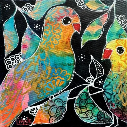 Colorful illustration of two birds perched on branches, with vibrant feathers and detailed patterns against a black background.