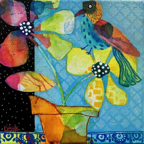 Colorful abstract painting of a hummingbird with vibrant flowers, leaves, and a black background with white dots.