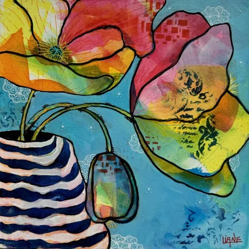Colorful abstract floral painting of large flowers in a striped vase on a vibrant blue background.
