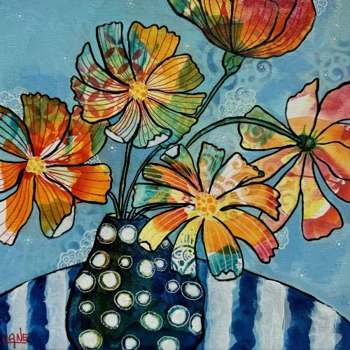 Colorful abstract painting of flowers in a black vase with white polka dots on a striped surface against a blue background.