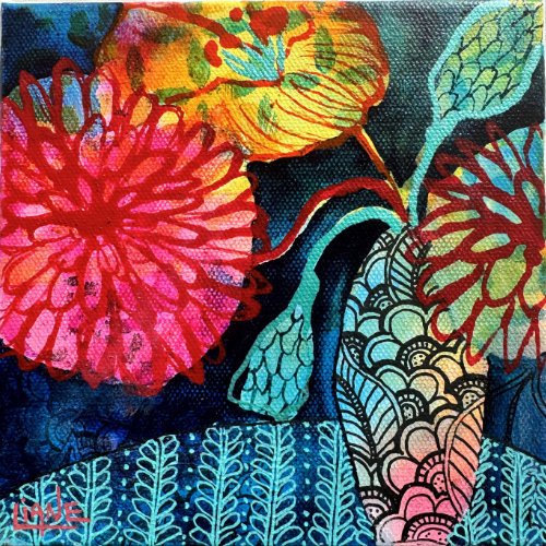 Colorful abstract painting of flowers with bold outlines and vibrant colors, including red, pink, yellow, blue, and green.