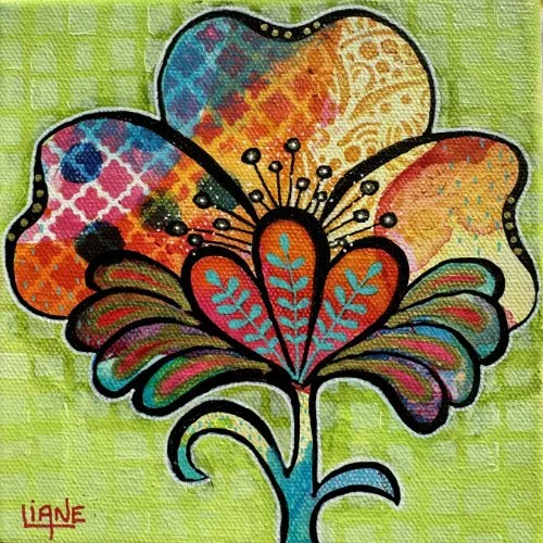 Colorful flower illustration with vibrant petals and a green background.