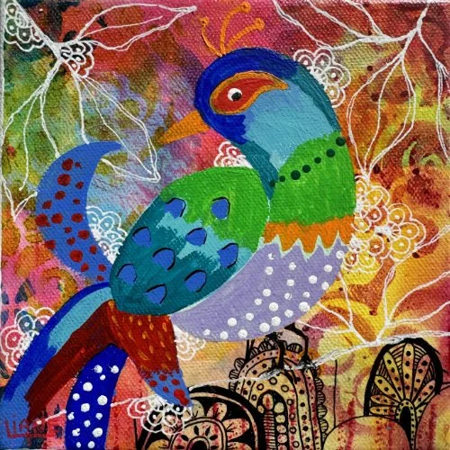 Colorful abstract painting of a bird with a multicolored body, surrounded by decorative floral and leaf patterns.