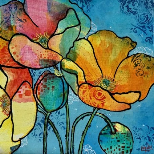 Colorful stylized flowers with black outlines on a blue background.