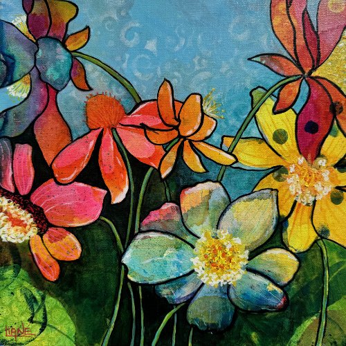 Colorful abstract floral painting with vibrant pink, yellow, orange, blue, and green flowers and a blue background.