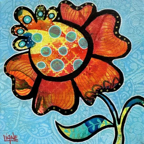 Colorful abstract flower with various patterns and circles on the petals and background