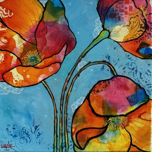 Three colorful poppy flowers with black outlines on a turquoise background.