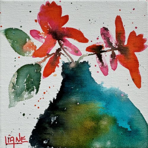 Watercolor painting of bright red and pink flowers with green leaves on a white background.