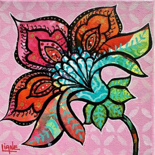 Colorful abstract floral artwork with pink, orange, blue, and green petals on a pink background.