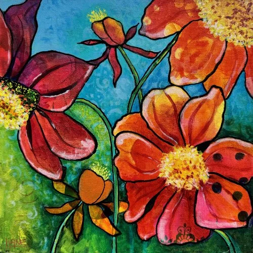 Colourful painting of orange red flowers, set against a vibrant blue and green background