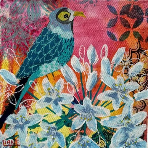 Colorful painting of a blue bird perched on white flowers with a pink and orange background and abstract designs.