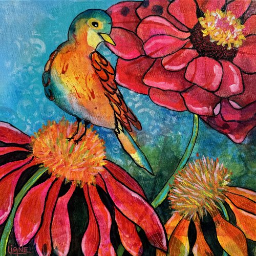Colorful painting of a small bird perched on a large pink flower with orange and yellow accents, surrounded by other vibrant flowers and a blue background.