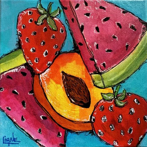 Colorful illustration of strawberries, watermelon, and a papaya on a blue background.