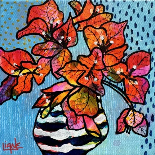 Colourful illustration of a bouquet of orange and red flowers in a striped black and white vase against a blue dotted background.