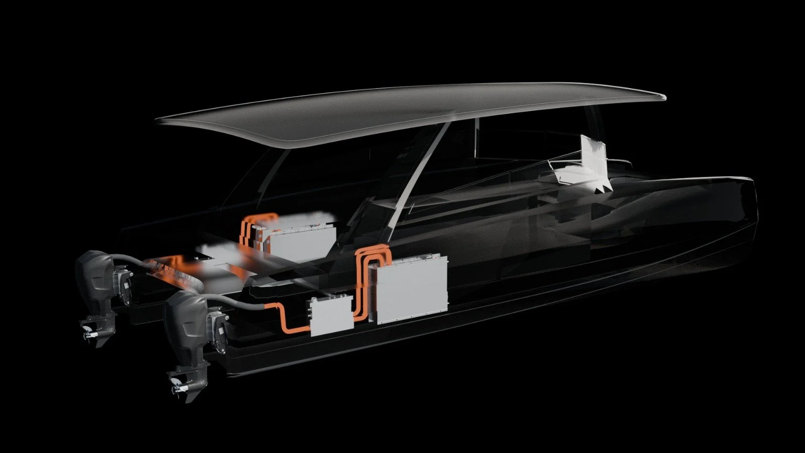 Cutaway diagram of a Chorus catamaran's electric powertrain, showing twin motors, battery packs and high-voltage cabling