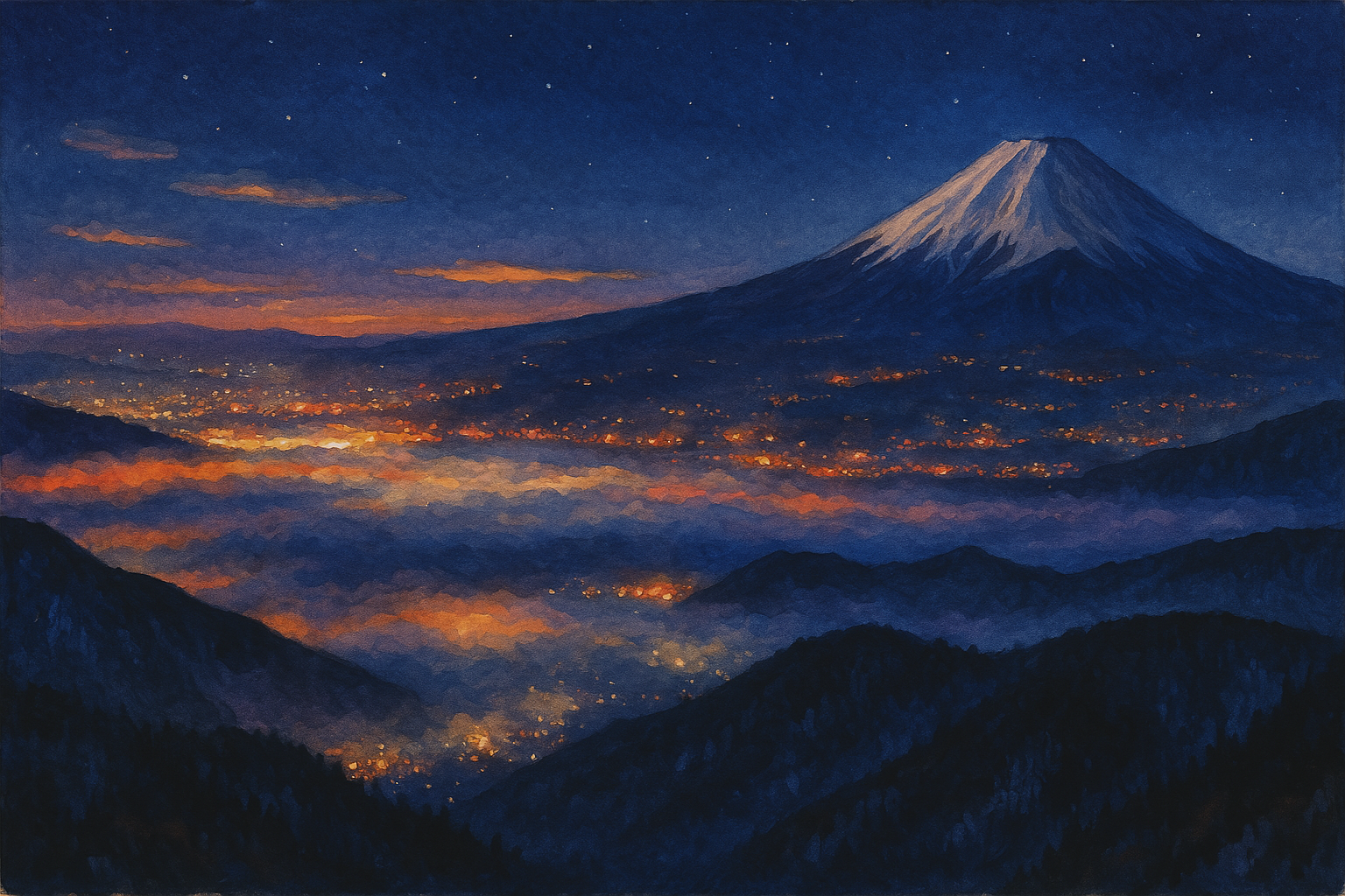 富士山と夜空、雲と遠くの街の灯が見える風景画