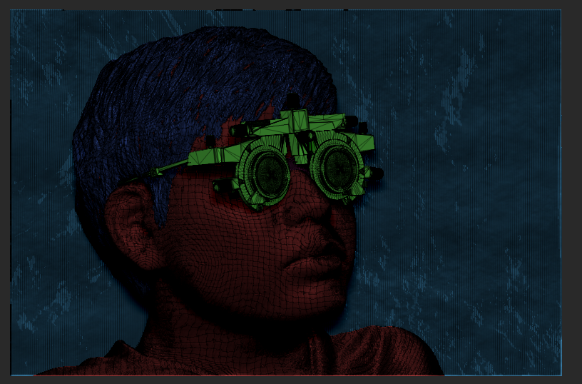 A digital 3D rendering of a young boy with vision imparied glasses