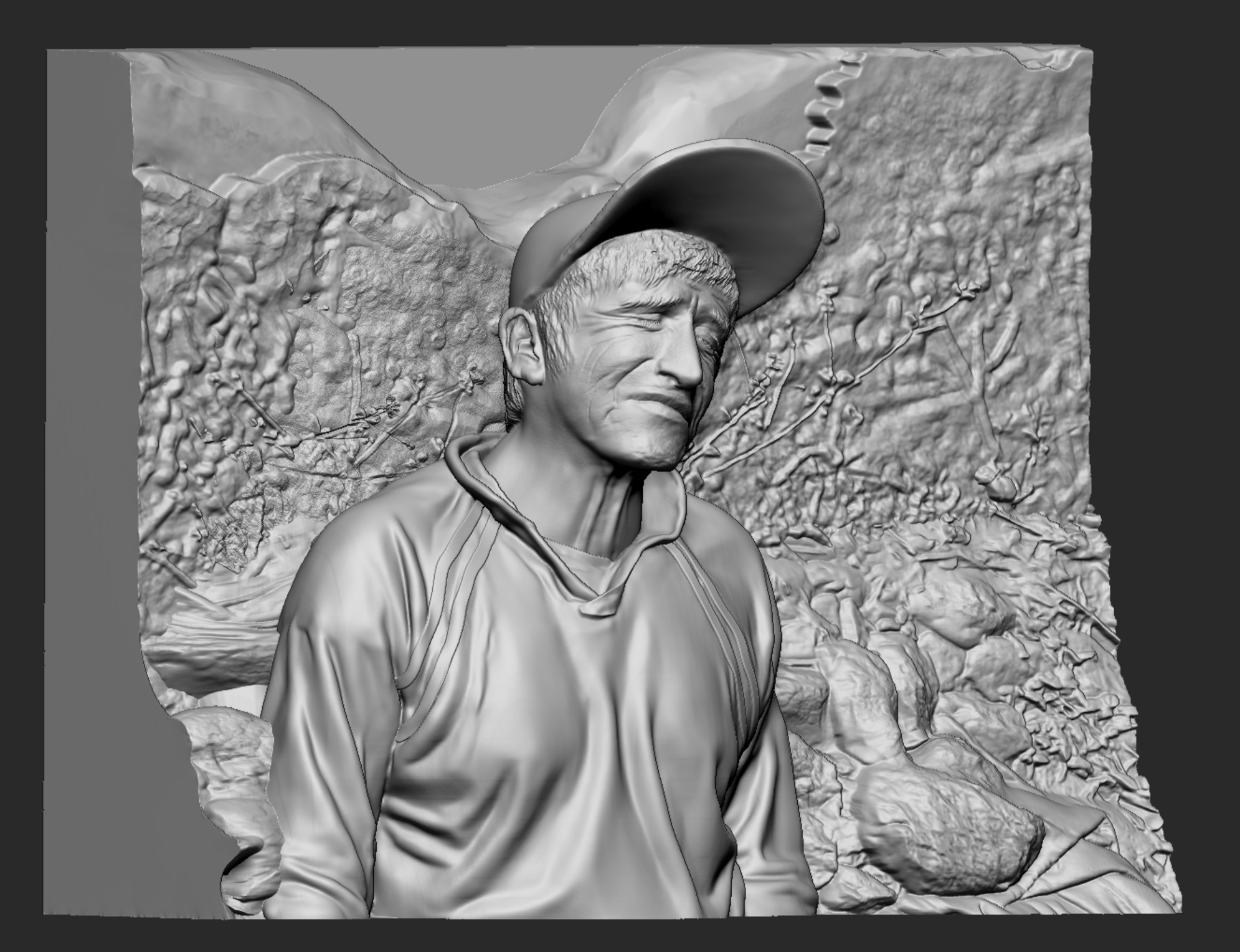 3D grayscale sculpture of a man with a hat, outdoors in a rocky, natural environment, with trees and rocks in the background.