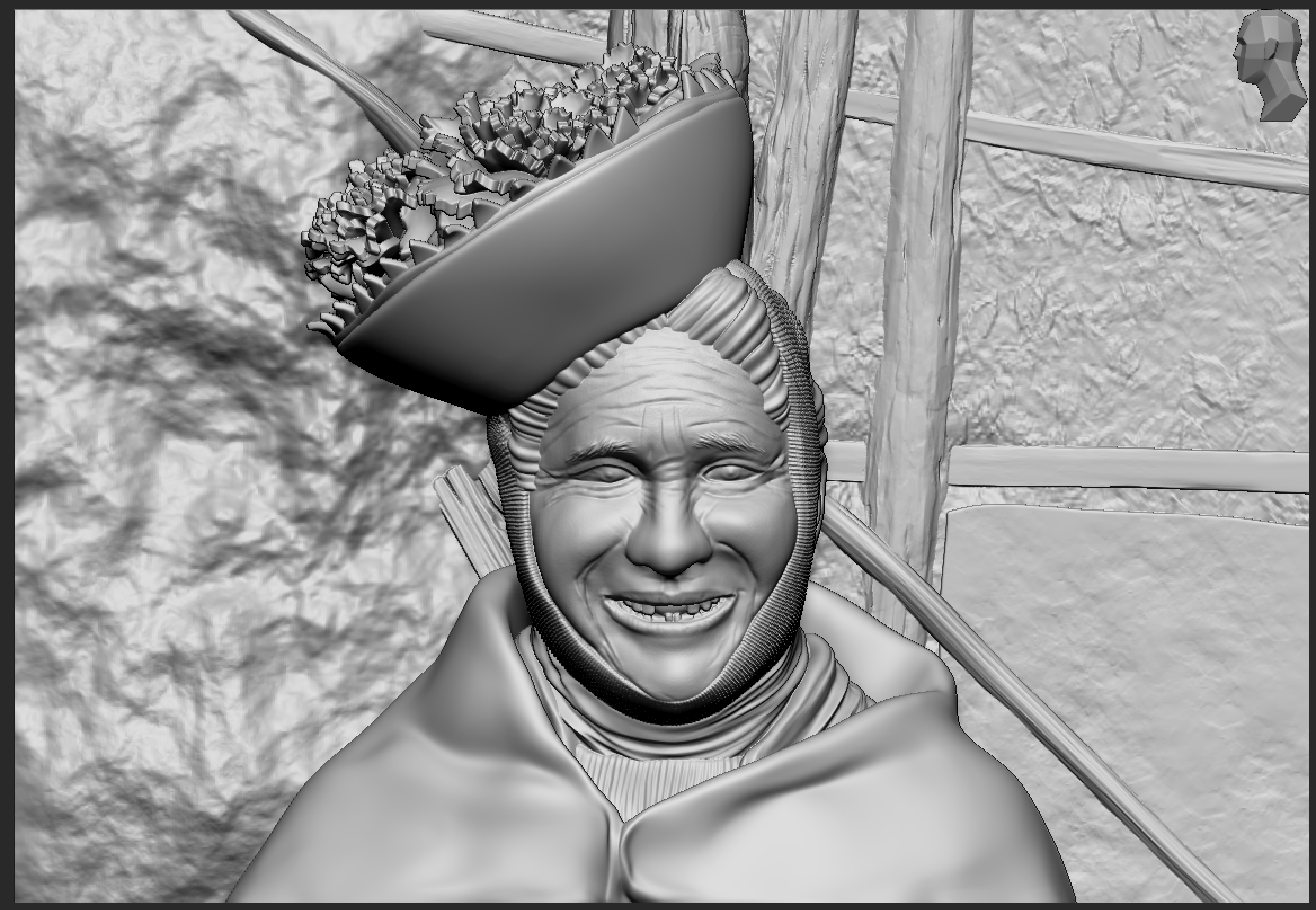 A grayscale 3D digital rendering of a smiling woman with a headdress and a blanket, holding a bow with an arrow. The background features a textured stone surface and wooden logs.