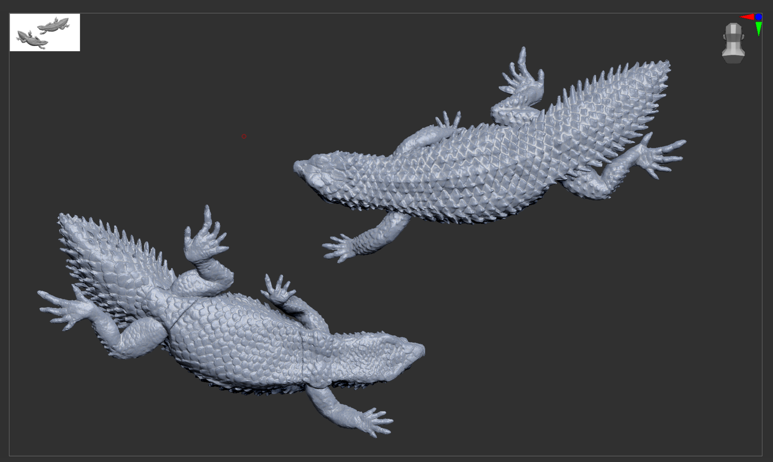 3D monochrome model of two baby lizards with spiked scales, lying on a dark surface.