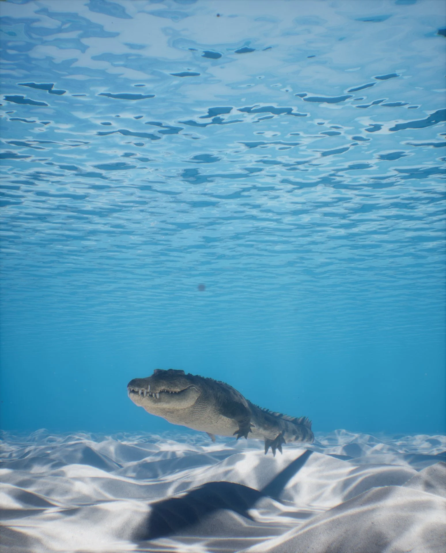 An underwater scene with a crocodile swimming above a sandy ocean floor.