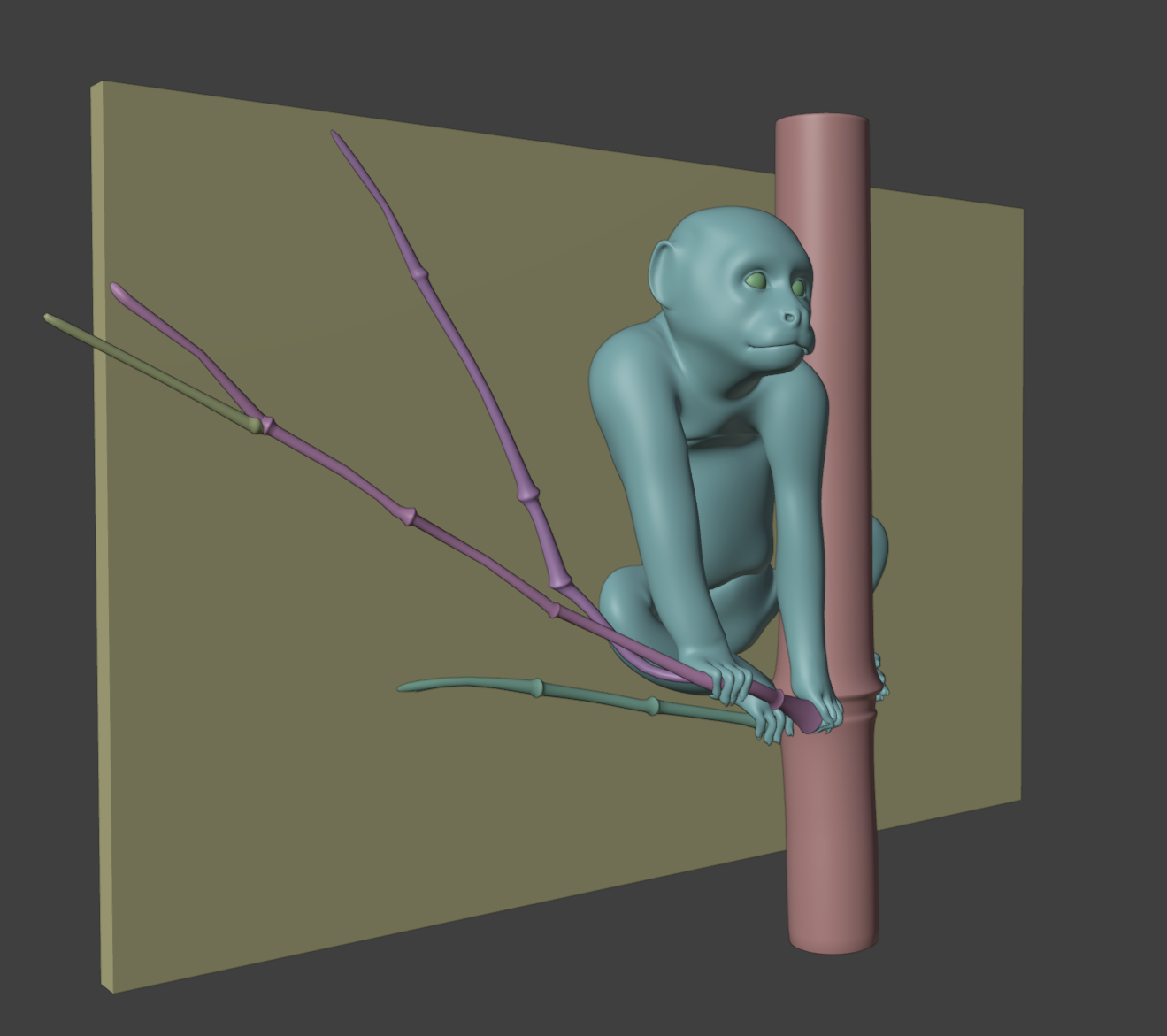 A 3D model of a monkey creature, crouching on a horizontal branch, with a background of a wall and other branches.