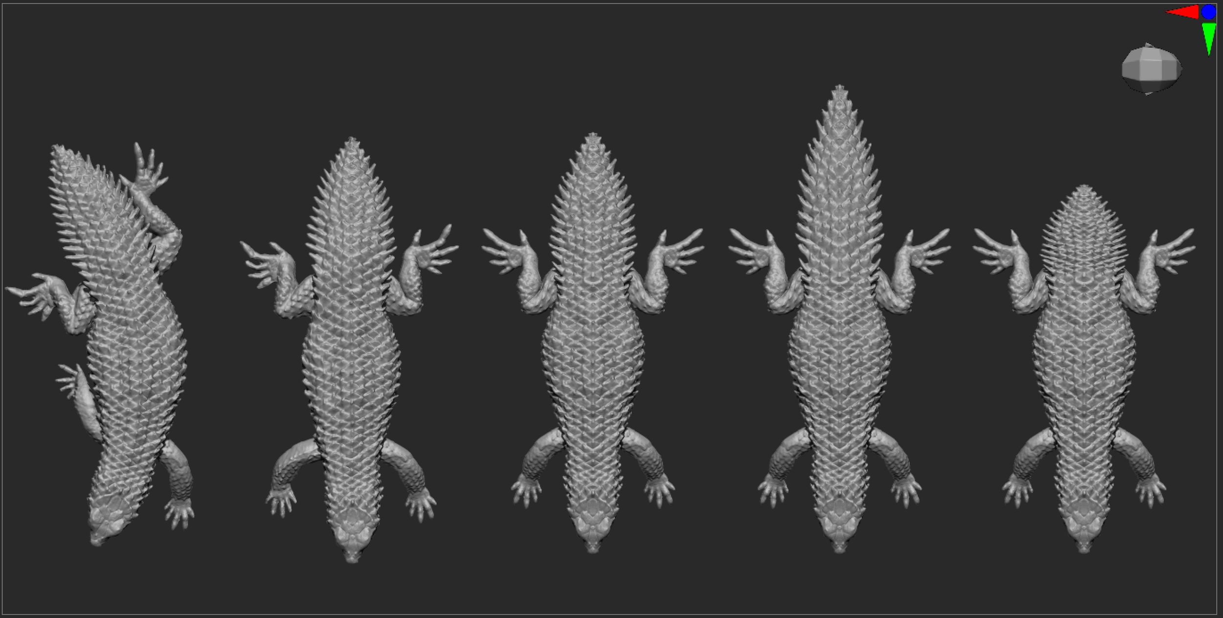 Six 3D modeled lizards aligned side by side with textured scales, displayed against a dark background.
