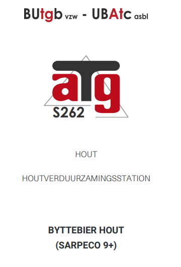 Logo van Butg bv en UBAc asbl, tekst met een triangel en de woorden 'HOUT' en 'HOUTVERDUURZAMINGSSTATION'.